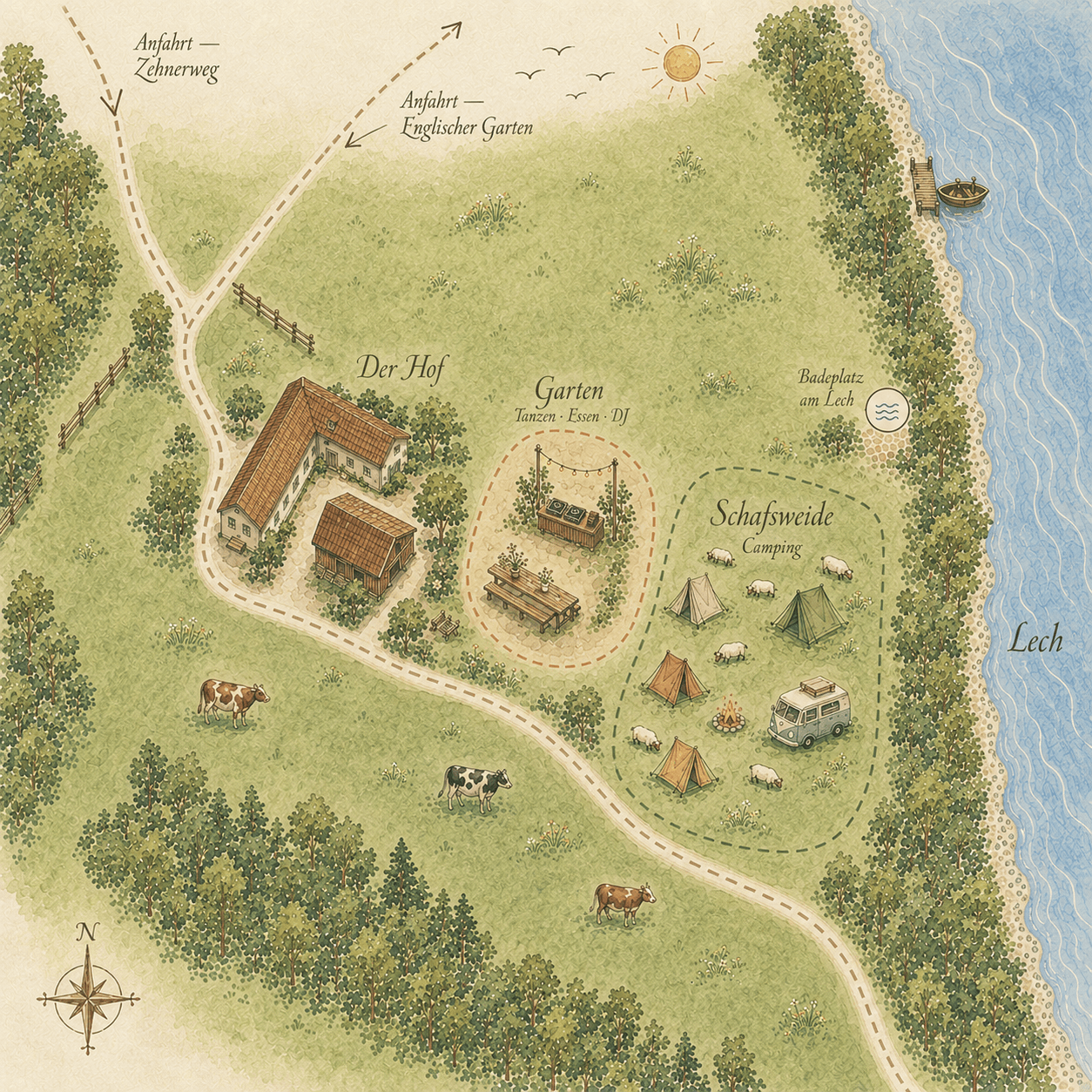 Festival-Karte vom Zehnerhof: Der Hof, Garten, Schafsweide (Camping), Badeplatz am Lech und die Anfahrtswege über Zehnerweg und Englischen Garten.
